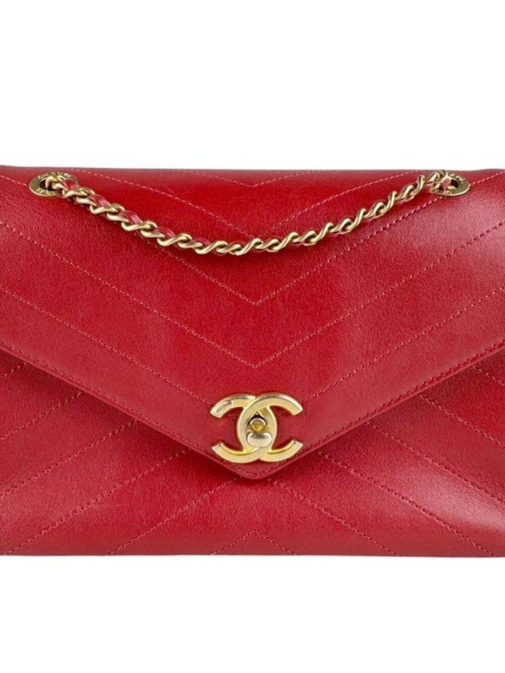 CHANEL V Stitch Chian Shoulder Bag Red/Gold Leather/Metal